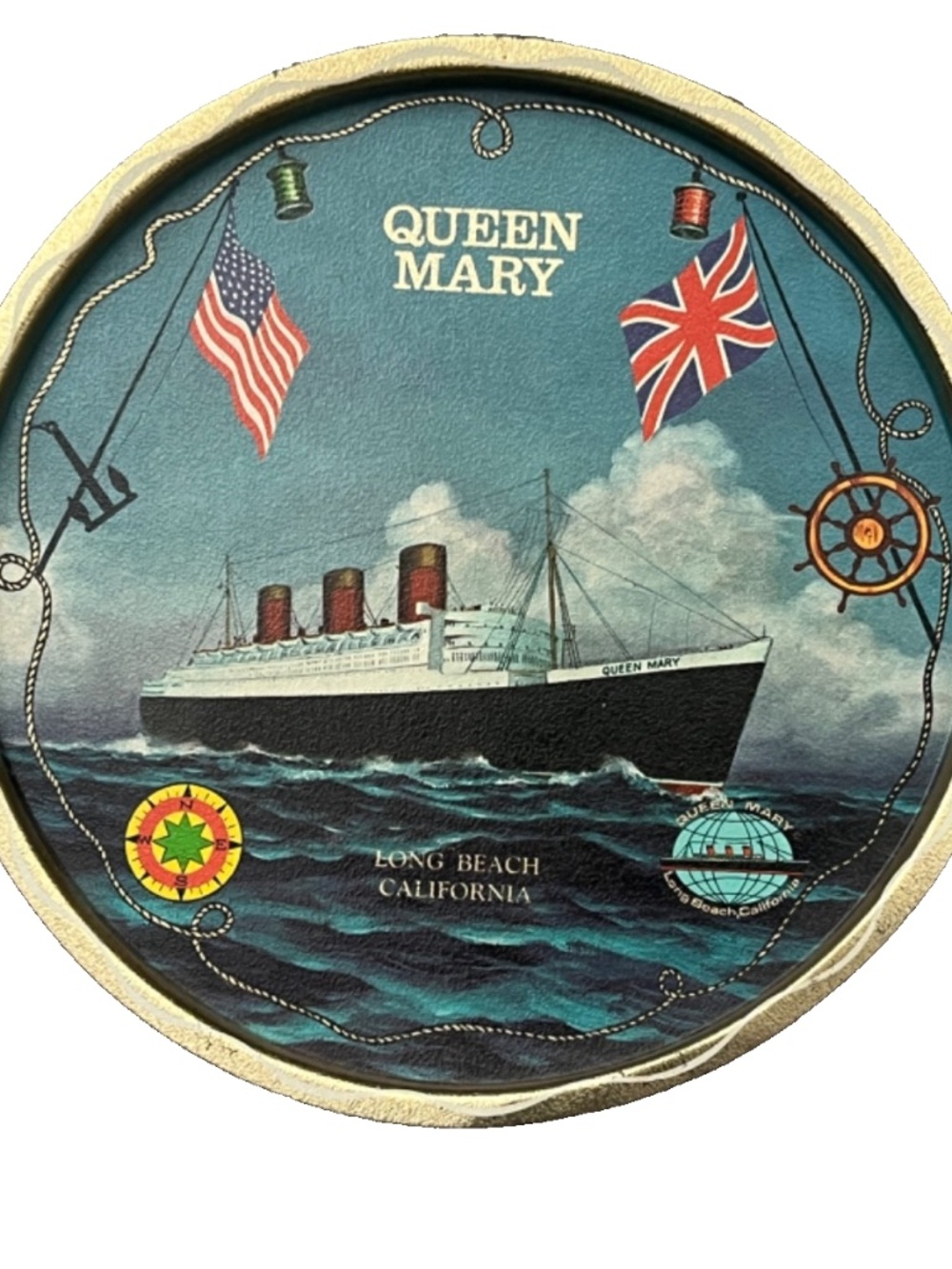 Vintage Queen Mary Long Beach California Metal Tray Nautical Decor